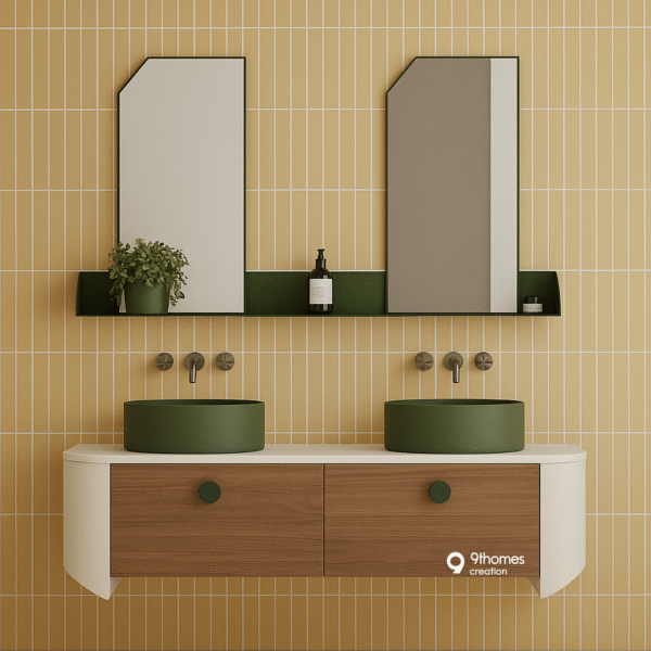 Curved White Vanity with twin green basins and walnut drawers against mustard vertical tiles