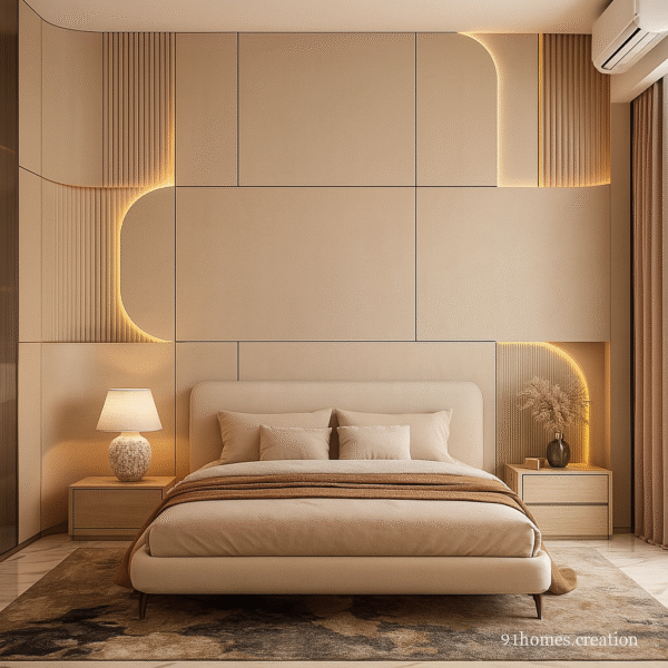 Beige Curved Bed Back Wall with Fluted Panels and LED Glow