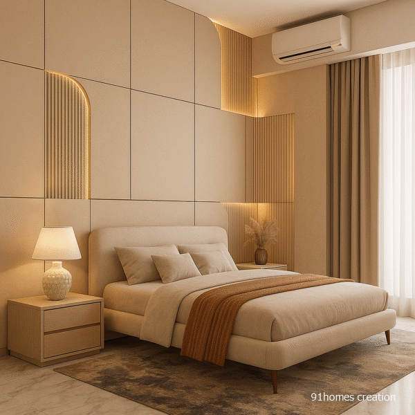 Contemporary beige bed back wall design with warm lighting and wooden side tables