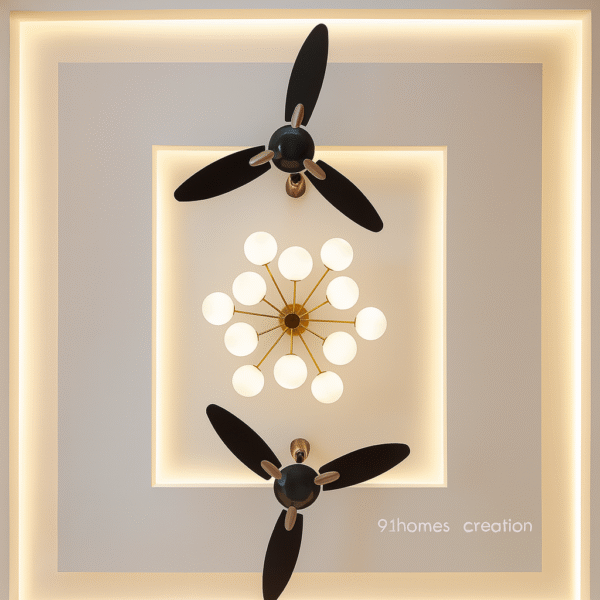 Double fan ceiling design with ambient cove lighting in modern rectangular layout.