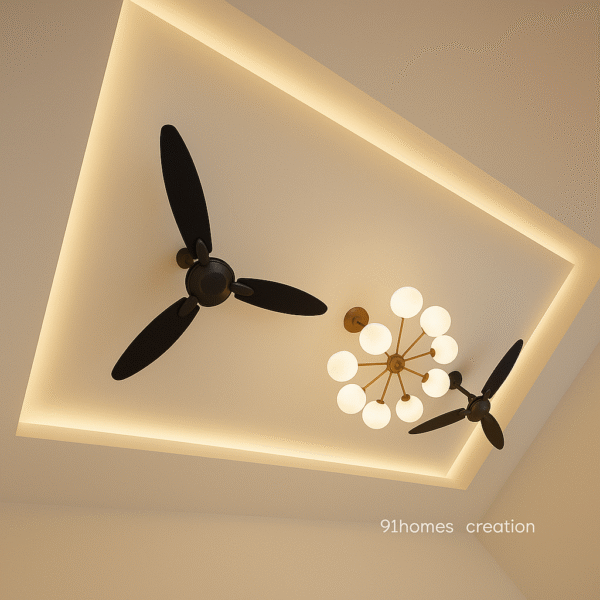 Modern false ceiling with dual fans and central chandelier for luxury interiors.