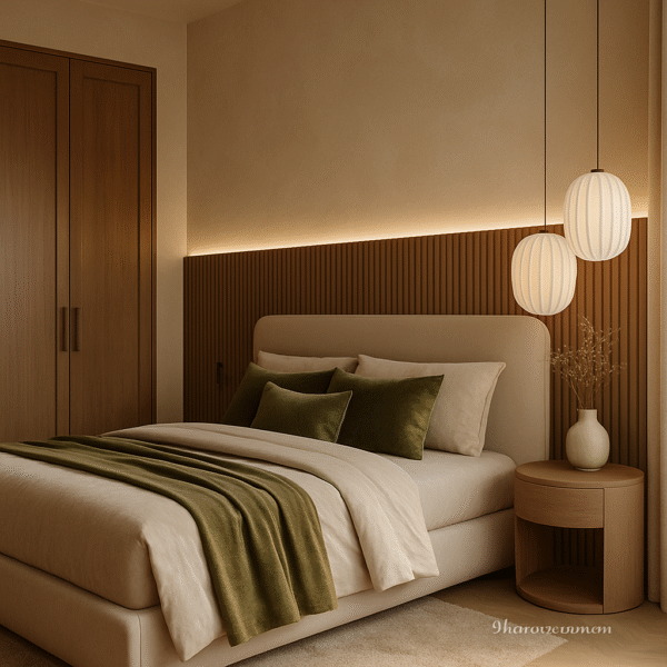 Modern bed back wall with LED strip, wooden panels, and neutral bedding
