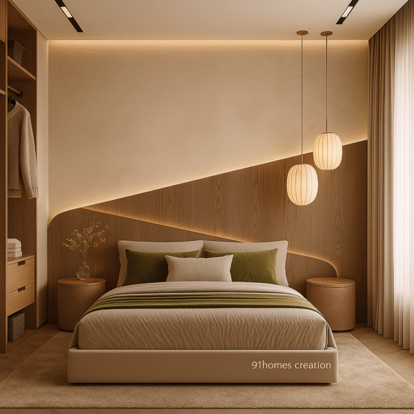 Beige Curved Bed Back Wall with Wooden Panels and LED Glow