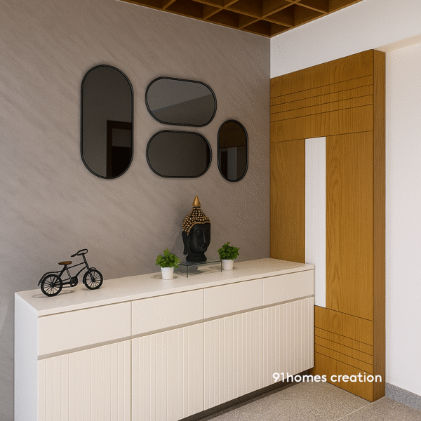 Fluted cream foyer cabinet with Buddha decor, mirrors, and wooden ceiling