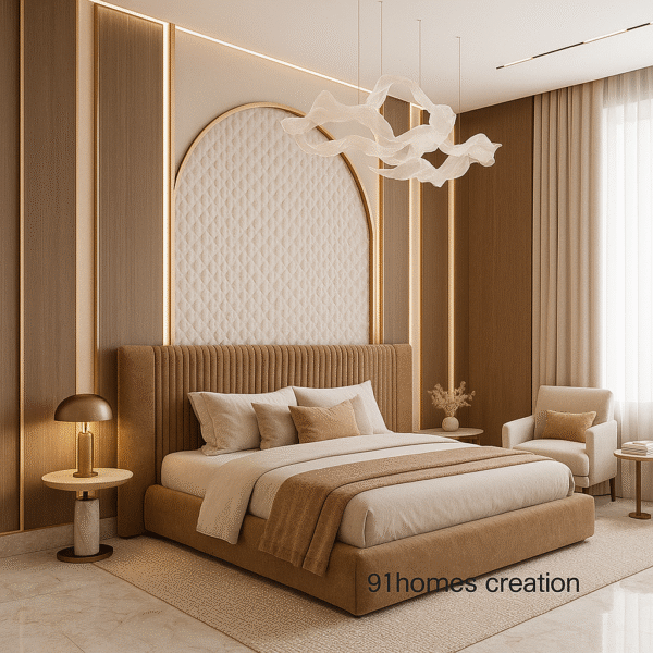 Modern bedroom interior with soft brown upholstered bed and designer lighting.