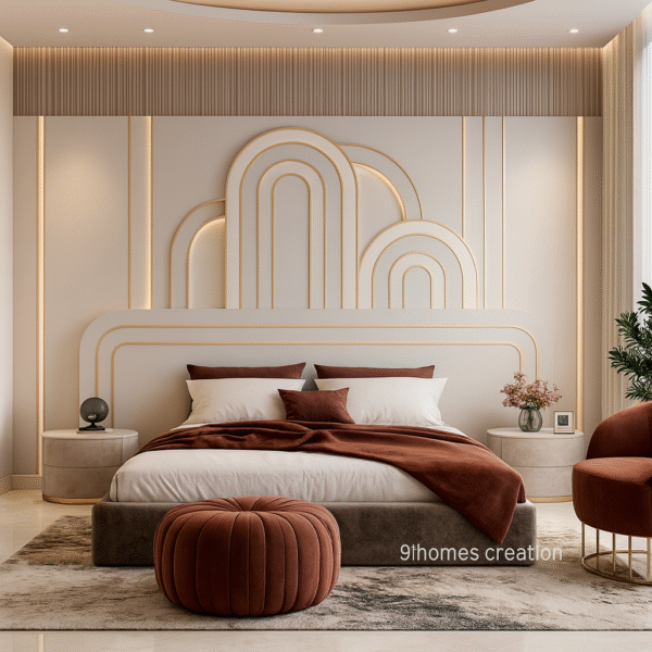 Beige Arched Bed Back Wall with Gold Trims LED Lighting