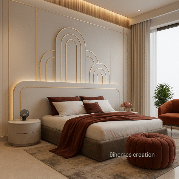 Modern bedroom featuring curved panel bed back wall with LED strip lights