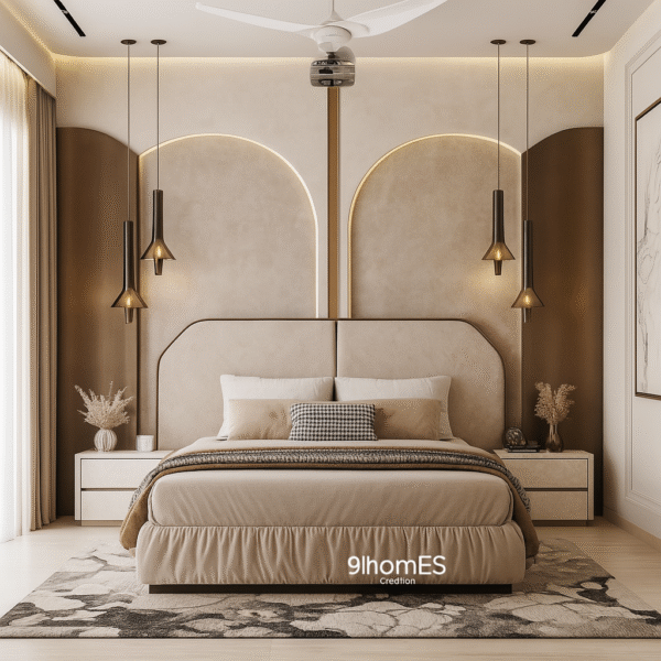 Beige Arched Bed Back Wall with Gold Trim and Pendant Lights