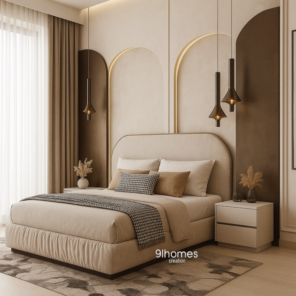 Modern bedroom design with upholstered bed and LED bed back wall