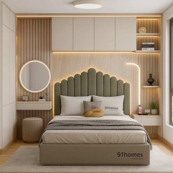 Olive Scalloped Bed Back Wall with LED and Beige Cabinets