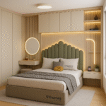 Modern bedroom design with beige wardrobe, upholstered headboard, and ambient light