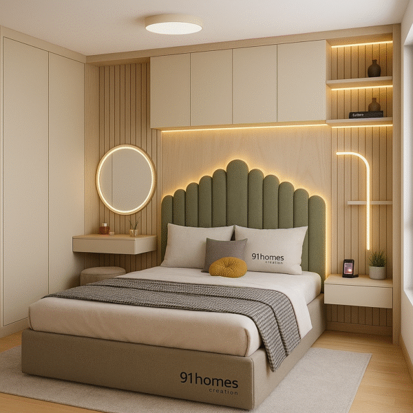 Modern bedroom design with beige wardrobe, upholstered headboard, and ambient light