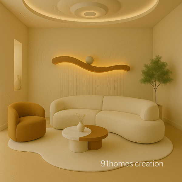 Curved cream sofa with mustard velvet chair and round marble coffee table in modern beige living room.