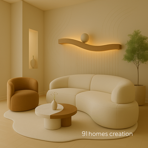Minimalist living room with wavy wooden wall light, neutral color palette, and sculpted sofa set