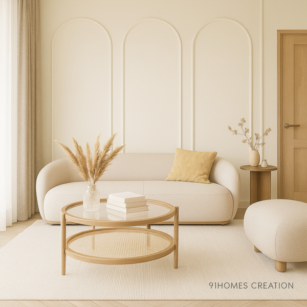 Beige Curved Sofa with Arched Wall with mustard cushion and round wooden coffee table in neutral living room