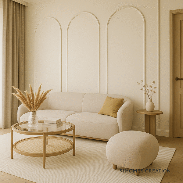 Modern off-white sofa with arched wall molding and natural light curtains in elegant interior design