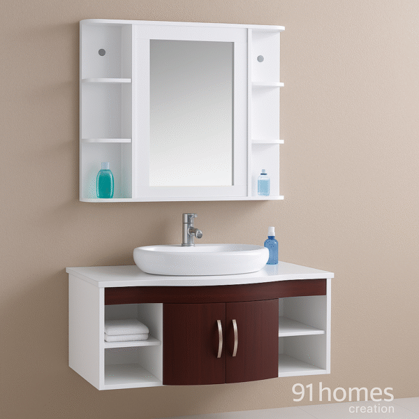 Modern bathroom sink setup with white countertop, oval vessel basin, and overhead mirror cabinet with side shelves.