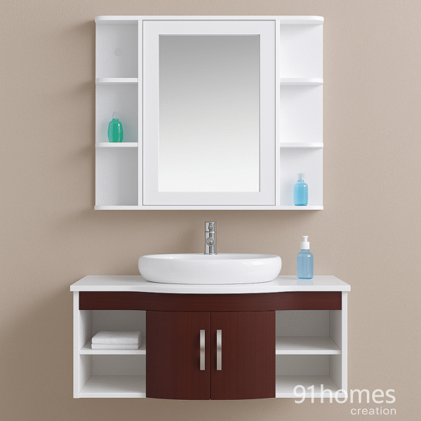 White and Walnut Floating Vanity unit with brown curved cabinet and open shelves beneath round ceramic basin.