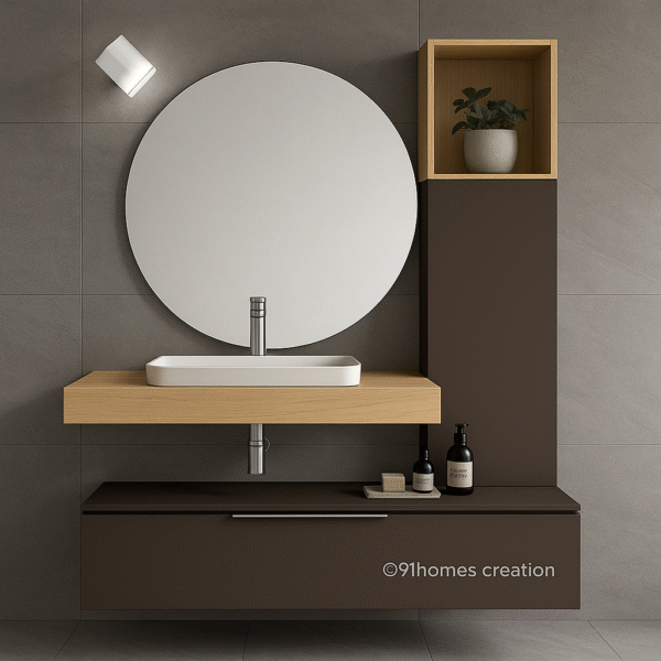 Brown and Oak Floating Vanity with round mirror, oak top, and brown matte finish cabinet