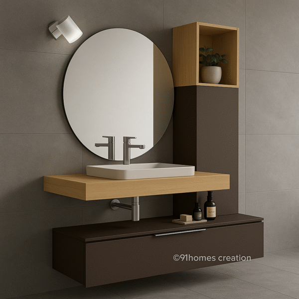 Side view of wall-mounted bathroom sink with light wood countertop and ceramic basin