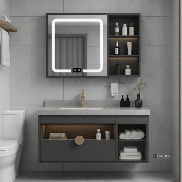 Charcoal Grey Vanity with gold faucet and LED mirror