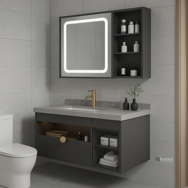 Floating charcoal vanity with concrete countertop, storage shelves, and square LED mirror