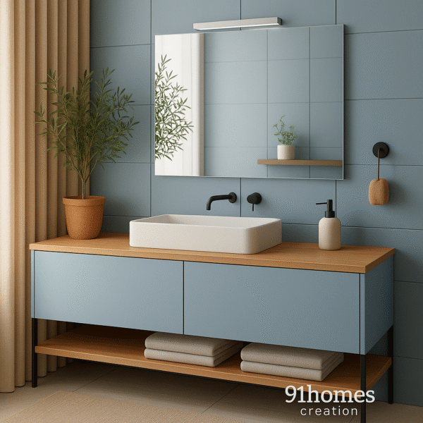 Square ceramic basin on blue vanity with black wall-mounted faucet