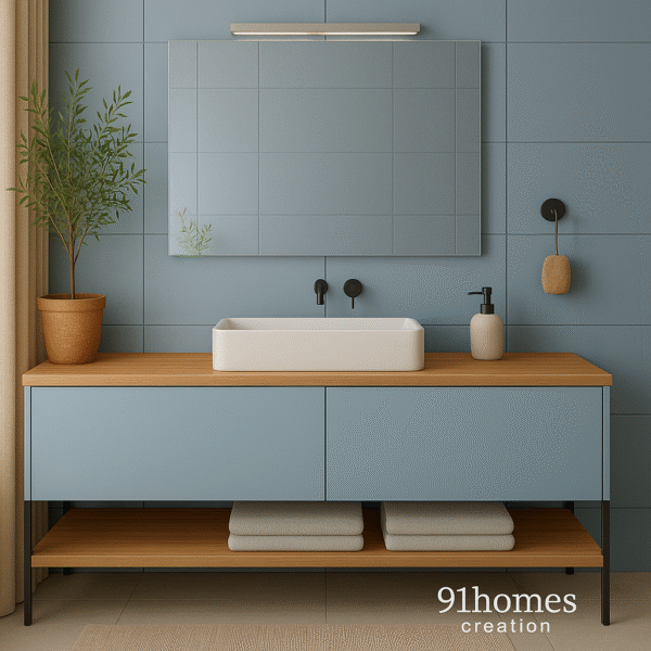 Light Blue Floating Vanity with light blue matte finish and oak wood top