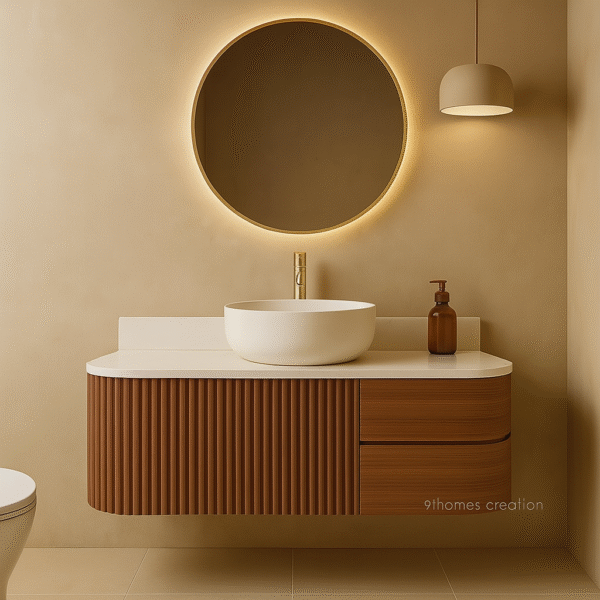 Curved Walnut Fluted Vanity with round LED mirror