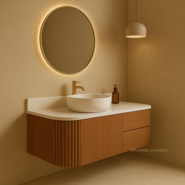 Floating wooden vanity with curved edge, gold faucet and vessel sink