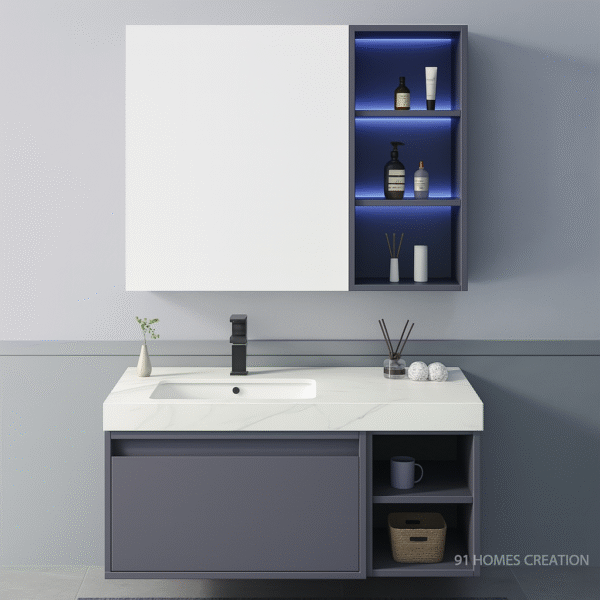 Matte Grey Wall-Mounted Vanity with white marble top and grey cabinet