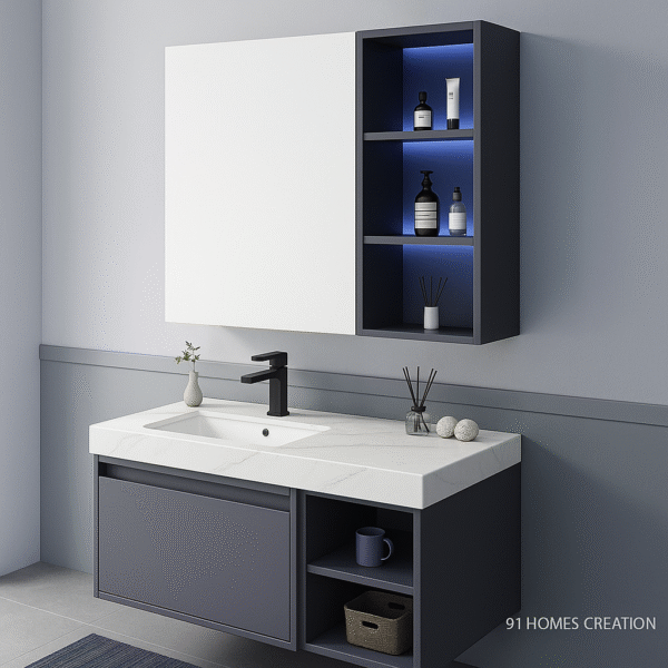 Wall-mounted vanity with LED-lit shelving, matte black tap, and quartz countertop