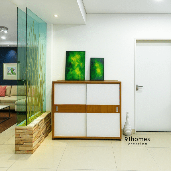 Modern Glass Partition with Stone Base and Teak Storage Cabinet