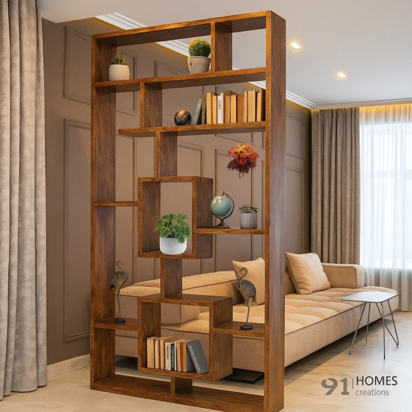 Brown Wooden Partition with Geometric Display Shelves