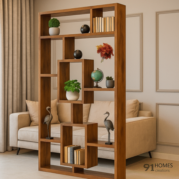 Brown wooden partition with square cubicles, books, and indoor plants