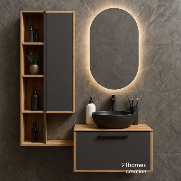 Matte Grey and Oak Floating Vanity with round LED mirror