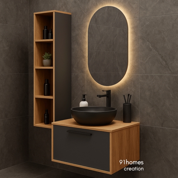 Floating wooden vanity with black vessel basin and ambient backlit oval mirror