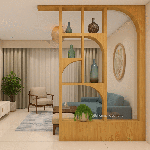 Beige Wooden Partition with Arched Display Shelves for Living Room