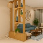 Living room wooden partition with arched design and ceramic decor pieces.