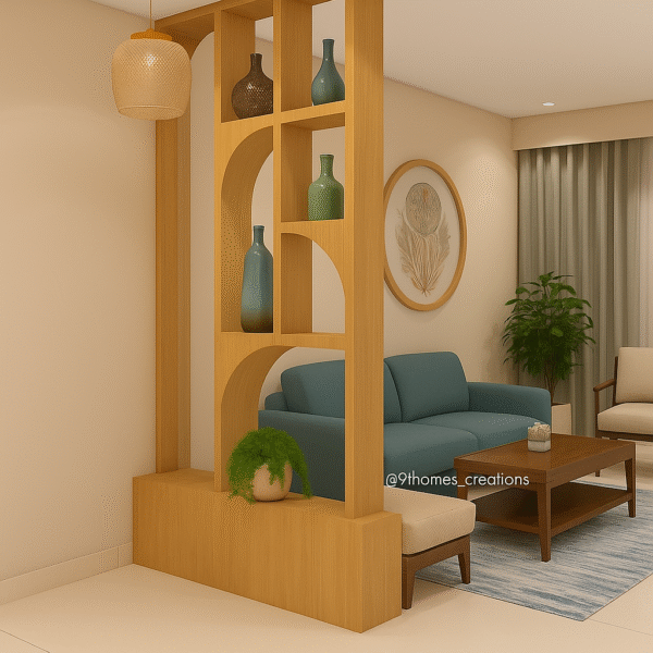 Living room wooden partition with arched design and ceramic decor pieces.