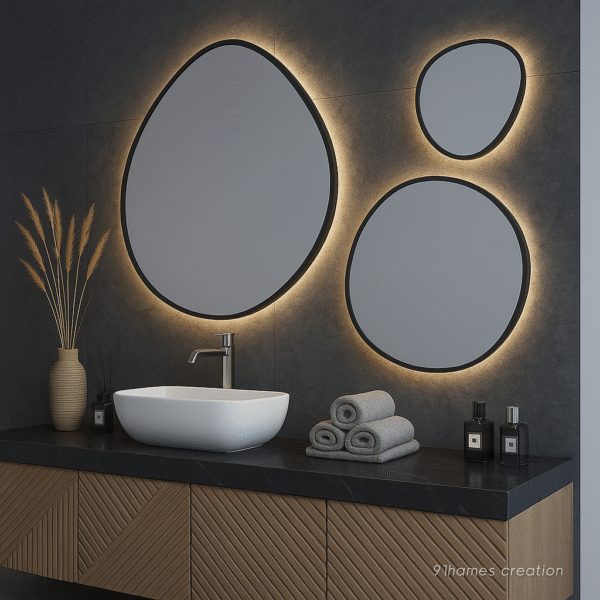 Floating vanity with black countertop, white vessel basin, and geometric oak drawers