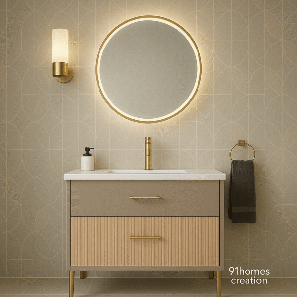 Taupe and Oak Floating Vanity with LED mirror and brass faucet