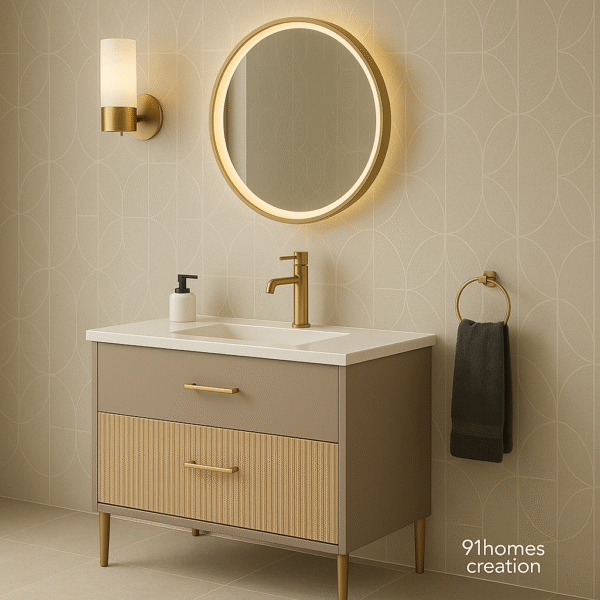Modern fluted vanity with beige textured wall tiles and round LED mirror