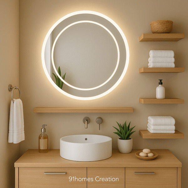 Matte Beige Vanity with round LED mirror and floating shelves