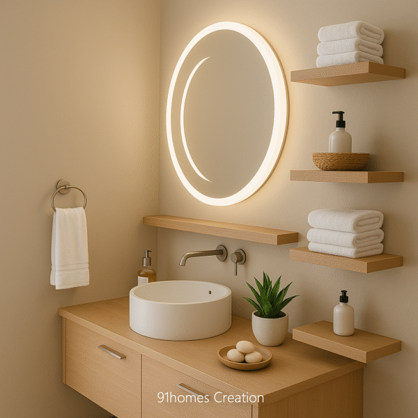 Modern wooden vanity with vessel basin, soft beige wall, and minimal accessories