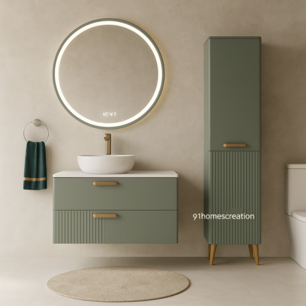 Sage Green Vanity with LED round mirror and gold faucet