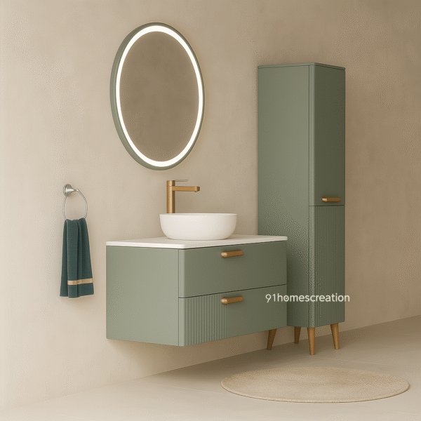 Matte sage green vanity with tall cabinet and white vessel basin