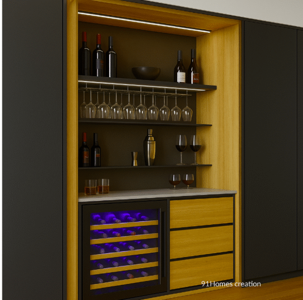 Matte Black and Oak wood finish with black drawers and LED-lit wine cooler