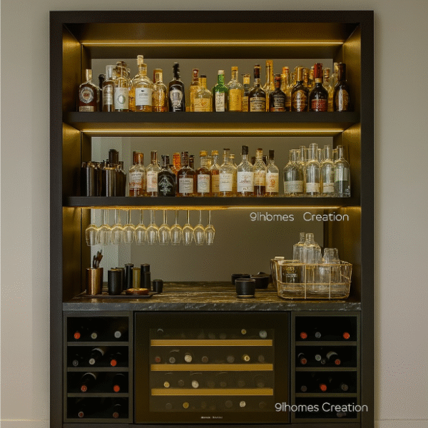 Modern matte black built bar unit with built-in wine chiller and LED lighting.
