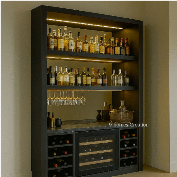 Side view of luxury home bar in matte black finish with glass shelving and wine racks.